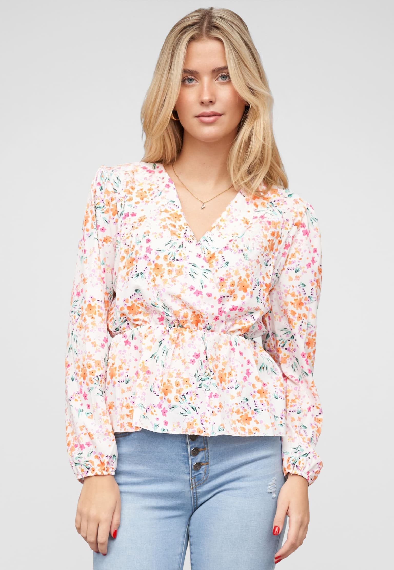 Cloud5ive V-Neck Schößchenbluse m. Blumen Print in Wickeloptik