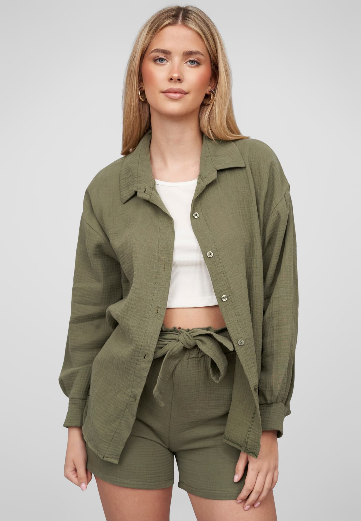 Cloud5ive Damen Oversize Musselin Bluse mit Knopfleiste