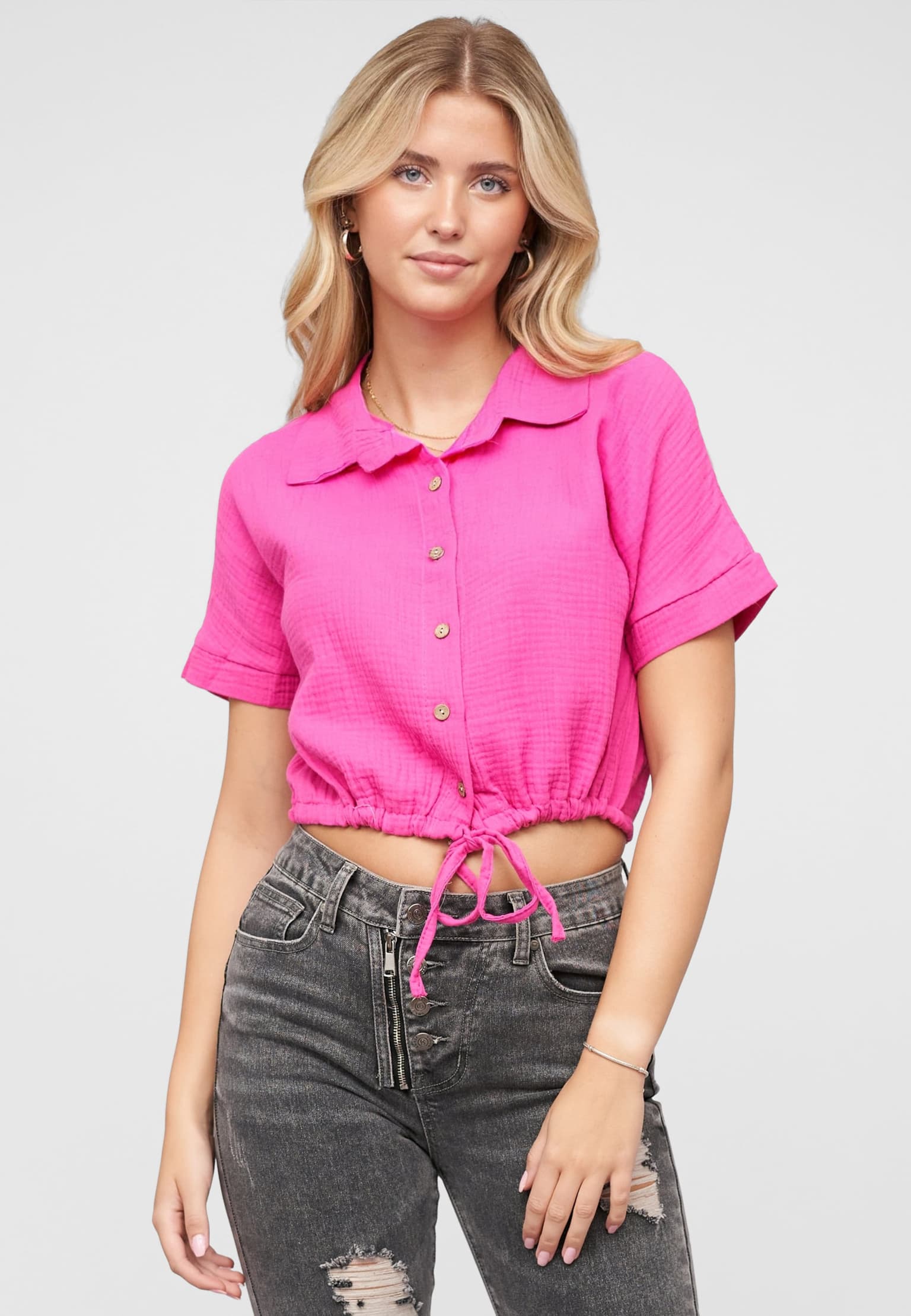 Cloud5ive Cropped Baumwoll Bluse mit Knopfleiste & Tunnelzug
