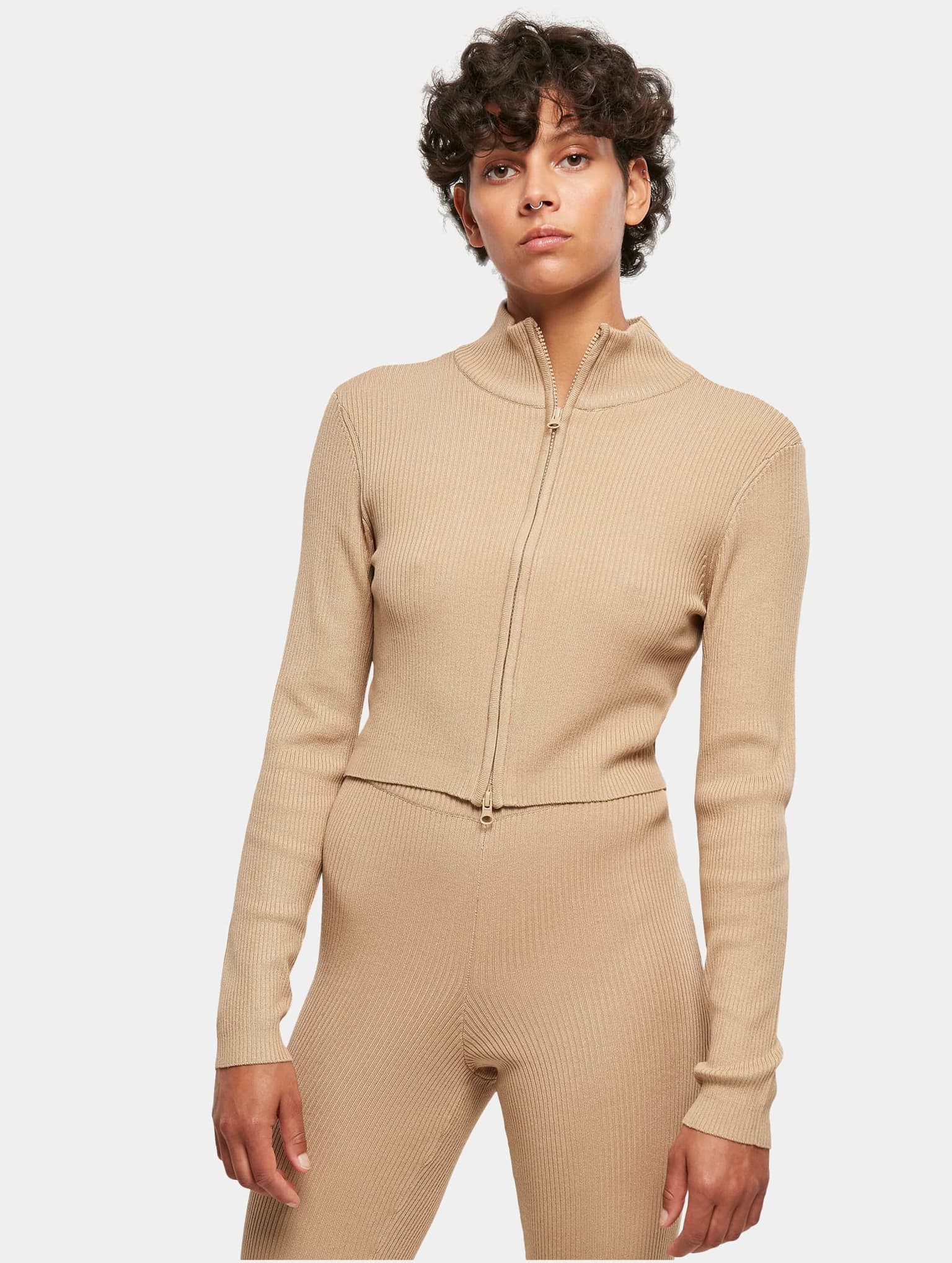 Urban Classics Ladies Cropped Rib Knit Zip Cardigan