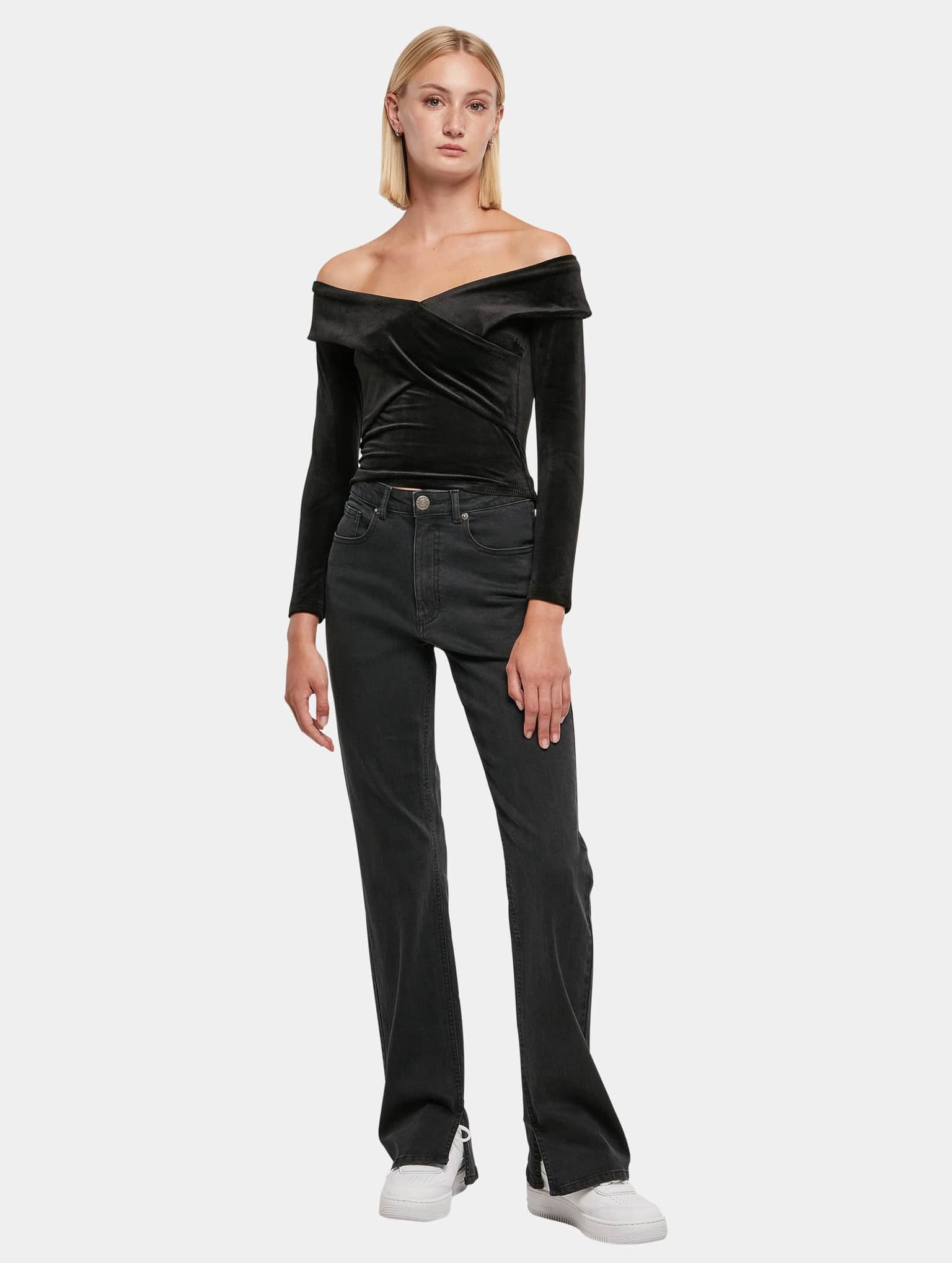 Urban Classics Ladies Velvet Rib Crossed Off Shoulder Longsleeve – Bild 4