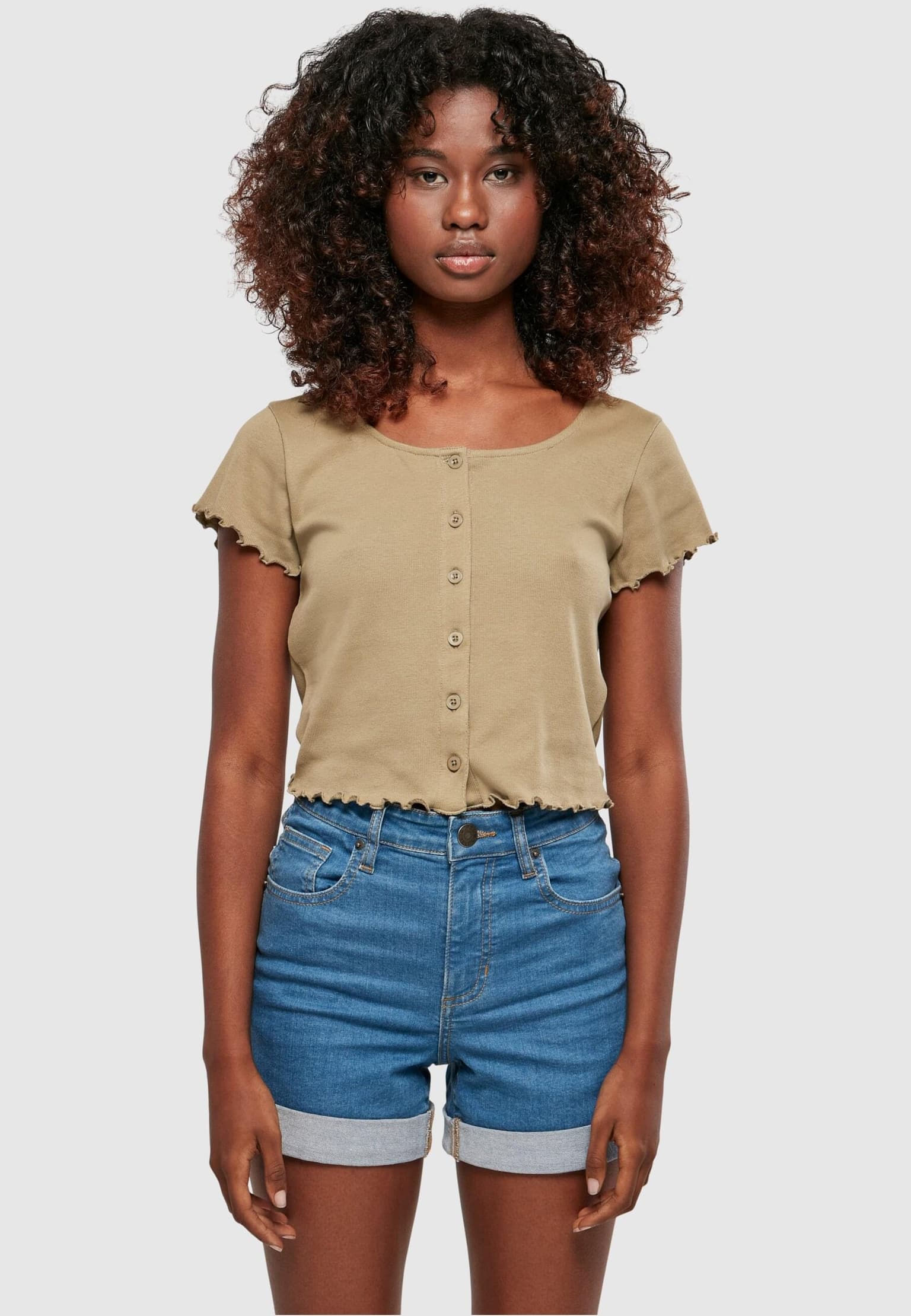 Urban Classics Ladies Cropped Button Up Rib Tee – Bild 3