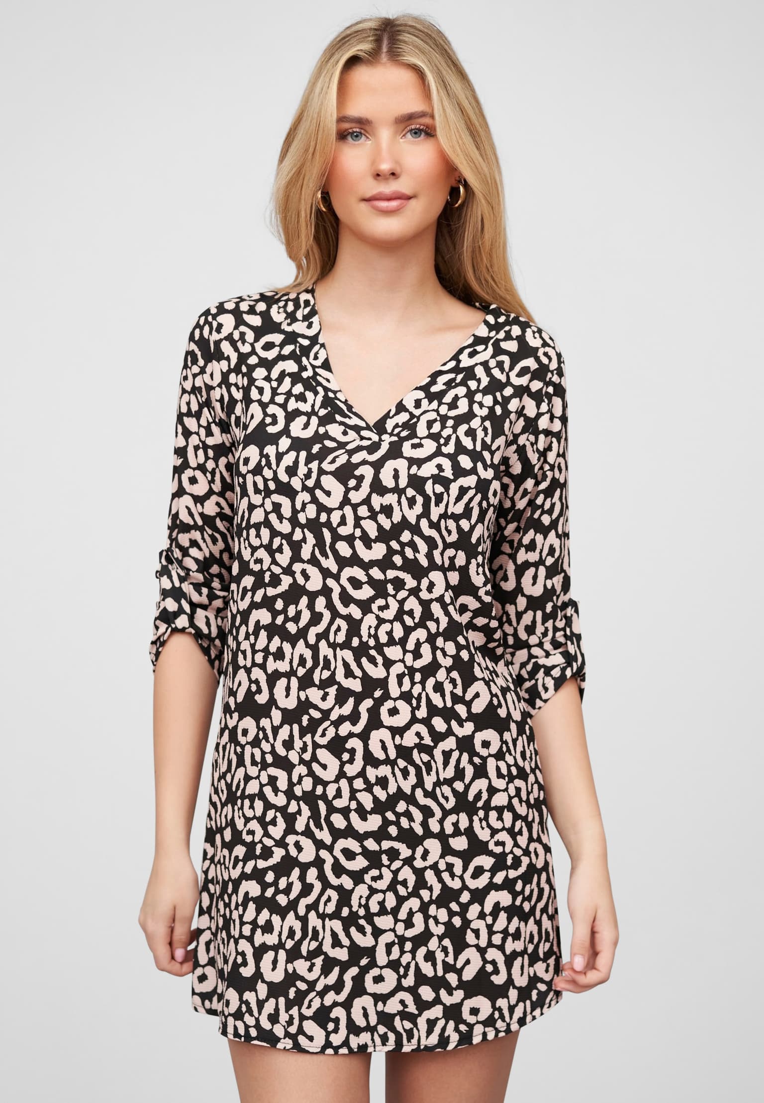 Cloud5ive Damen Turn-Up Crepe Kleid mit Animal Print