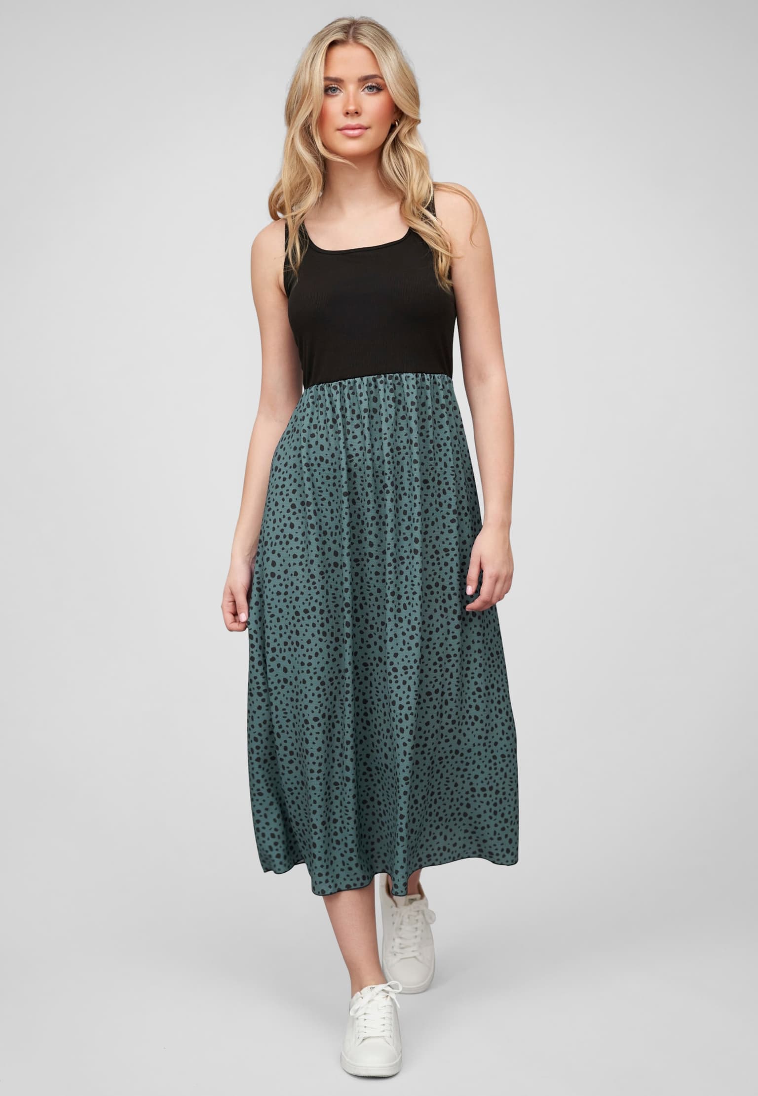 Cloud5ive Damen Maxi-Kleid Rundhals mit Punkt Print